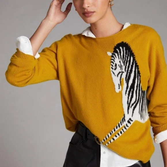 Anthropologie Maeve Cashmere Zebra Sweater Mustard Yellow Preppy XXSP - Picture 2 of 10